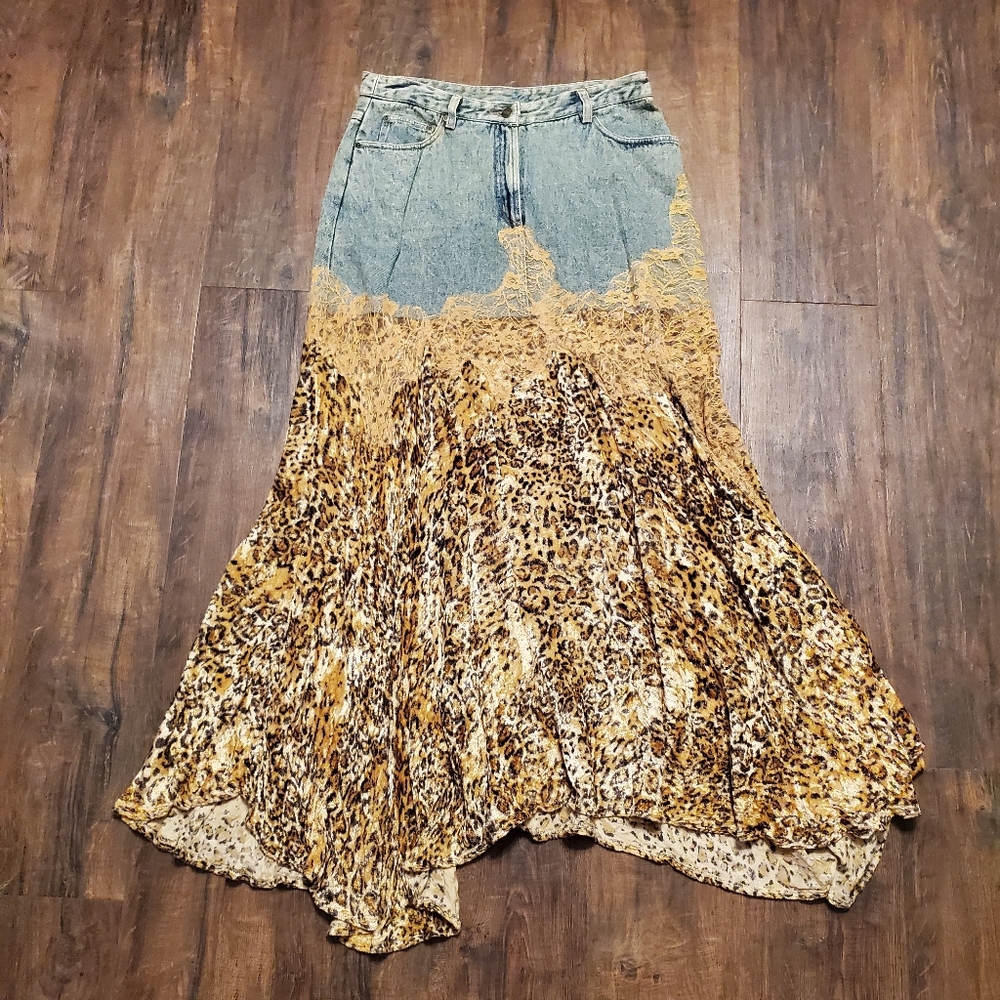 Vintage 90's Newport Jeanology Leopard Lace Velvet Flare Skirt Long Midi…